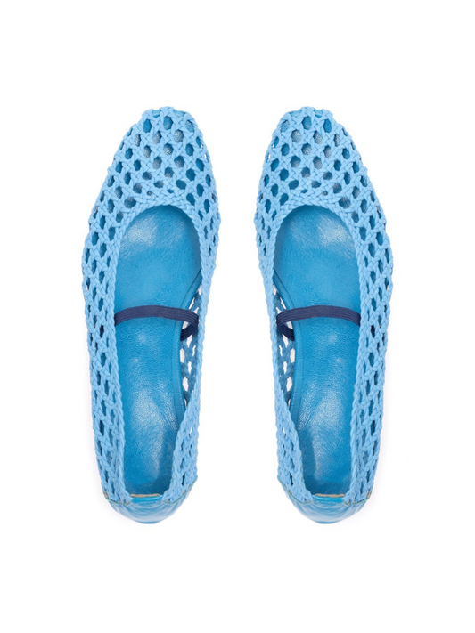 Woven Hollow-Out Square-Toe Ballet Flats Mary Janes In Sky Blue