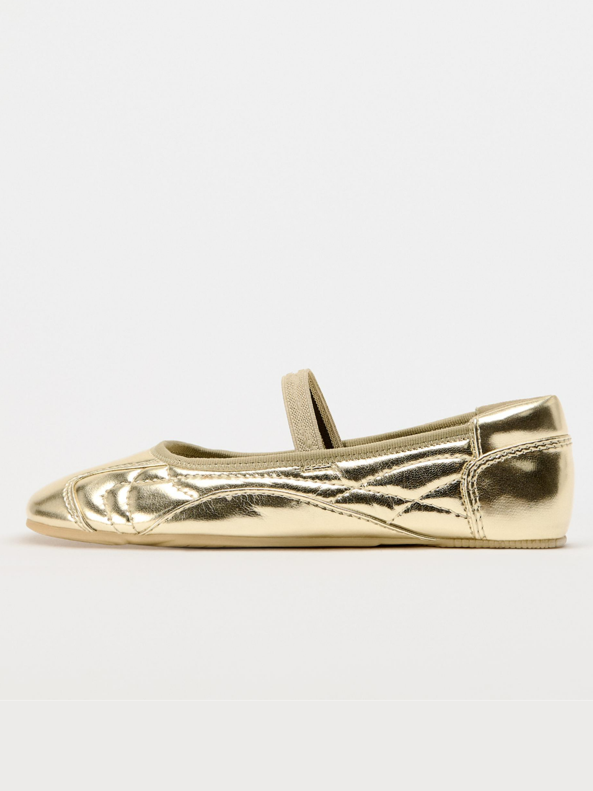 Metallic Gold Round-Toe Elastic Strap Ballet Flats