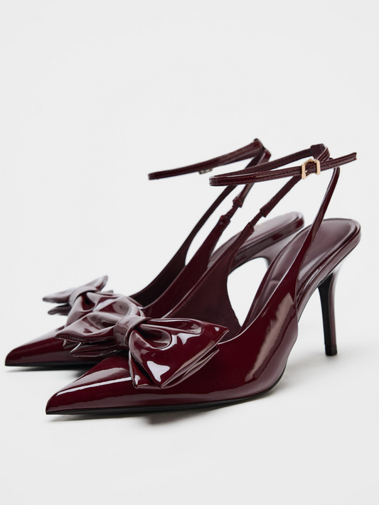 Patent Burgundy Pointed-Toe Buckled Ankle Strap Closure Slingback Bow High Heels