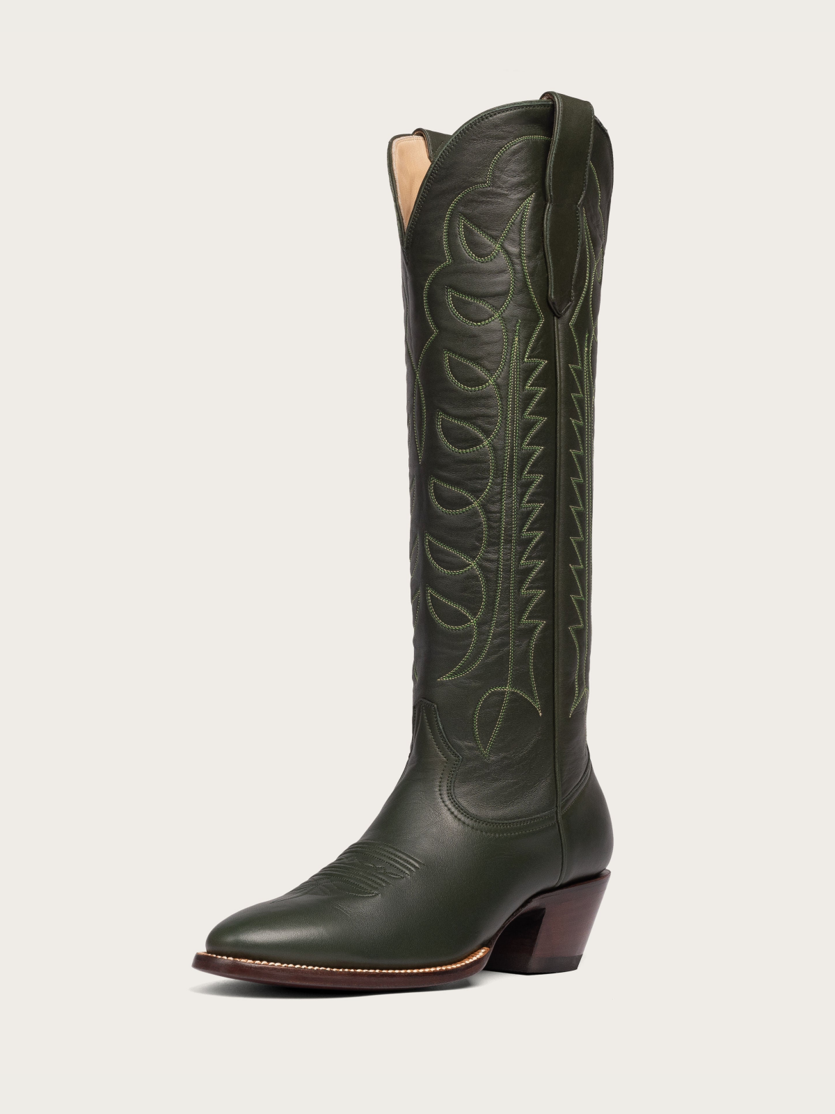 Dark Green Embroidery Almond-Toe Wide Mid Calf Tall Cowboy Boots For Women