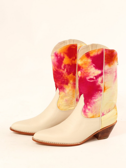 Beige Vegan Leather And Tie-Dye Fabric Almond-Toe Back-Zip Mid Calf Cowgirl Boots