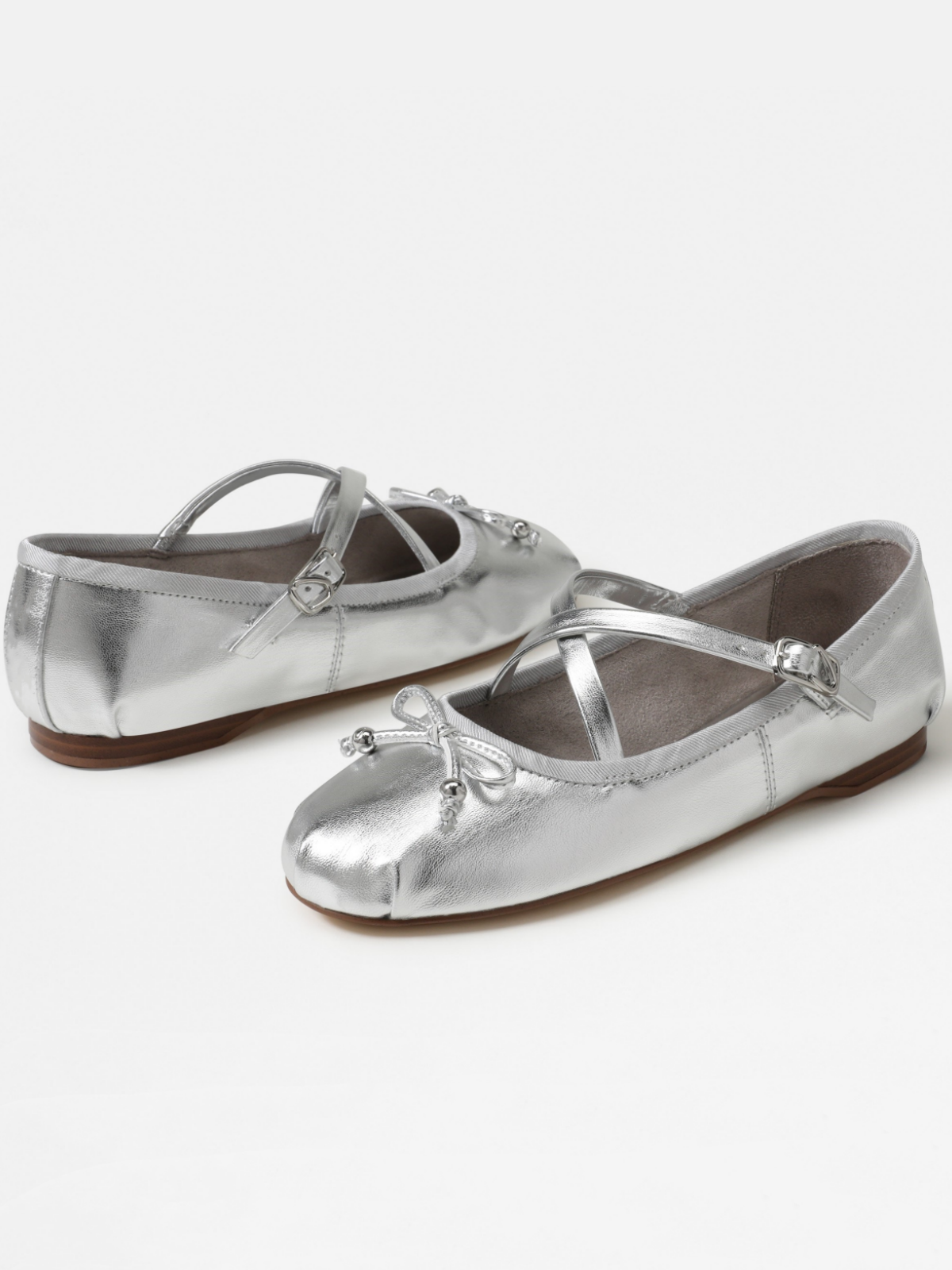 Metallic Silver Bow Ballerina Flats With Crossed Buckled Strap