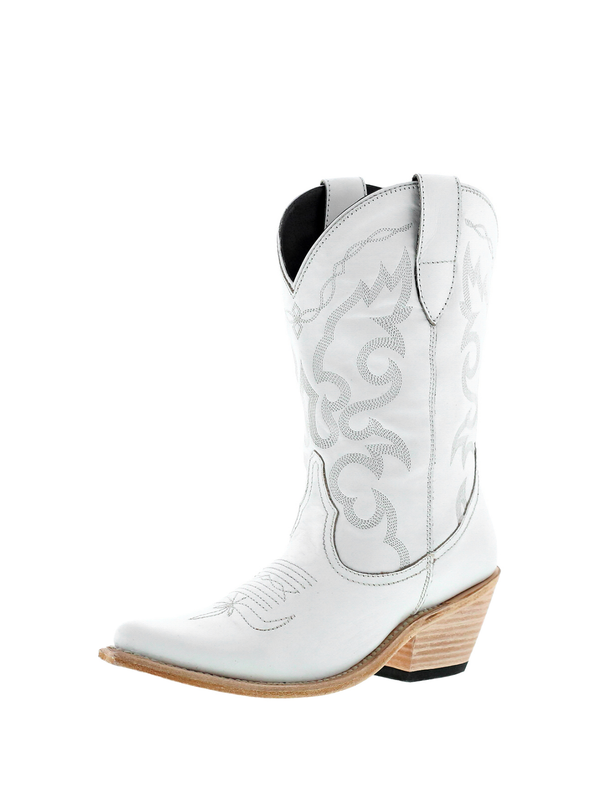 Embroidery Almond-Toe Wide Mid Calf Cowgirl Boots - White