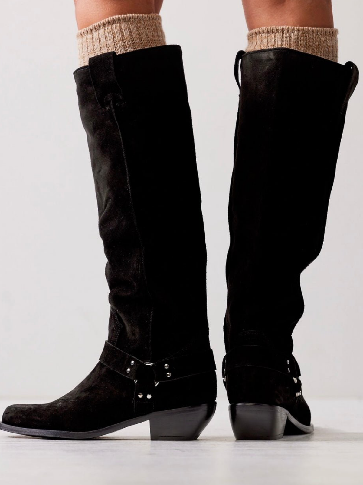 Faux Suede Square-Toe Wide Calf Tall Knee High Cowgirl Boots With Buckle - Black