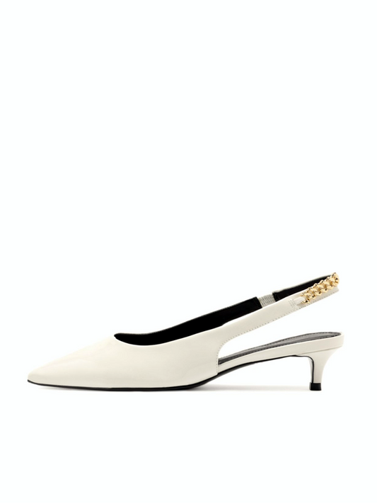 White Patent Pointy Kitten Heels Slingback Pumps With Chain Back Strap