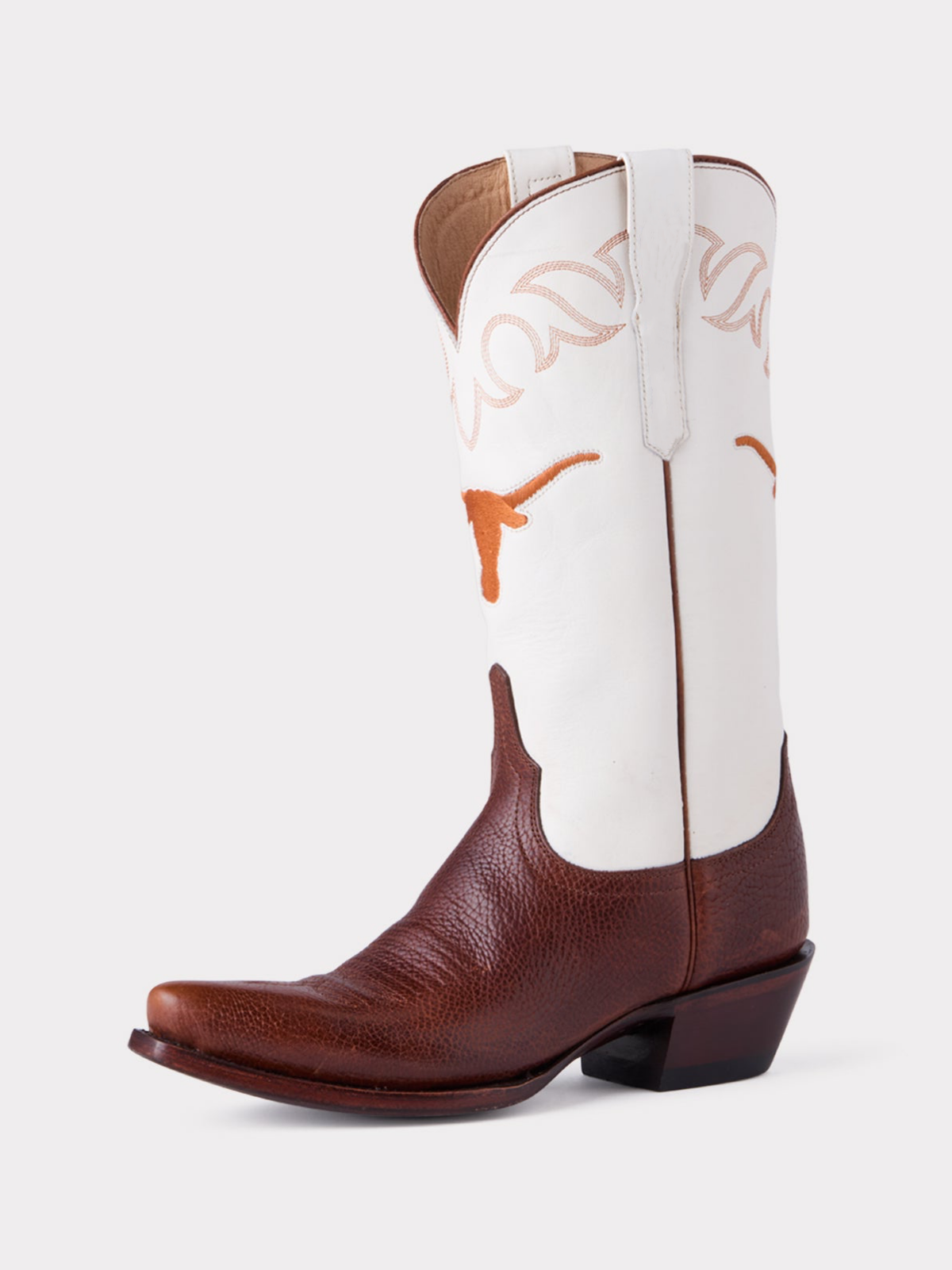 Contrast Chocolate And White Snip-Toe Longhorn Embroidery Wide Mid Calf Tall Cowgirl Boots