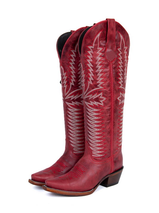 Distressed Red Embroidery Snip-Toe Half-Zip Western Knee High Tall Boots