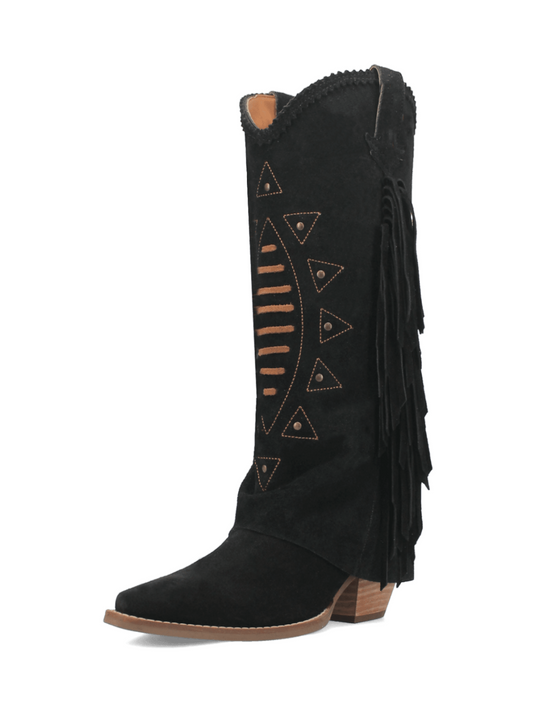 Fold-Over Faux Suede Snip-Toe Fringe Studded Running Stitch Wide Mid Calf Cowgirl Boots- Black