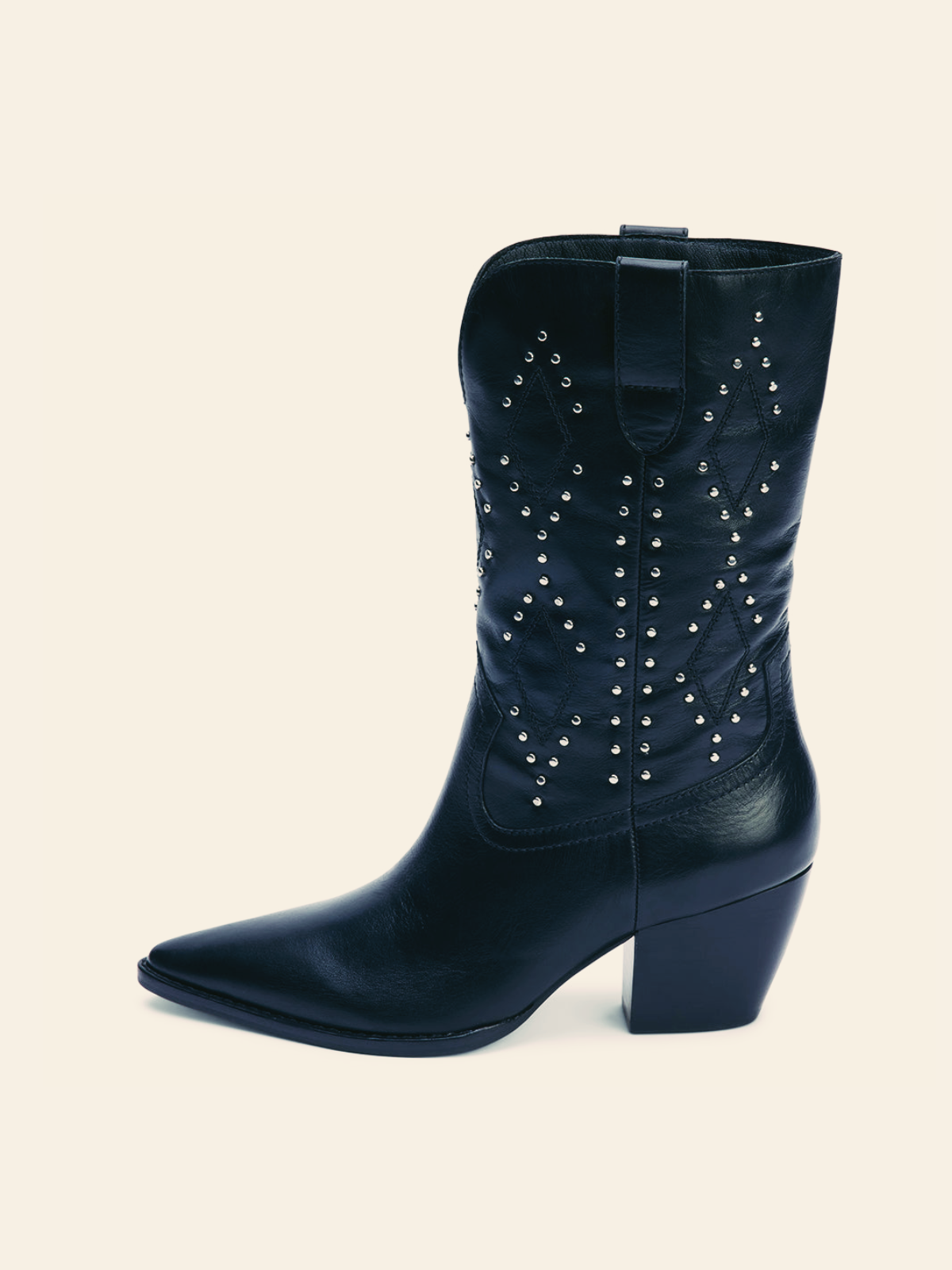 Black Stitch Studded Pointed-Toe Wide Mid Calf Western Boots Cowgirl Boots