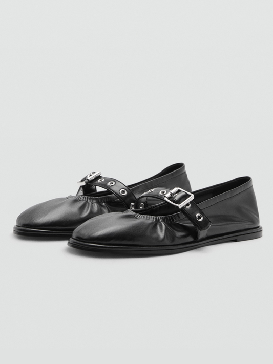 Black Round-Toe Strap Closure With Buckle Ballet Flats