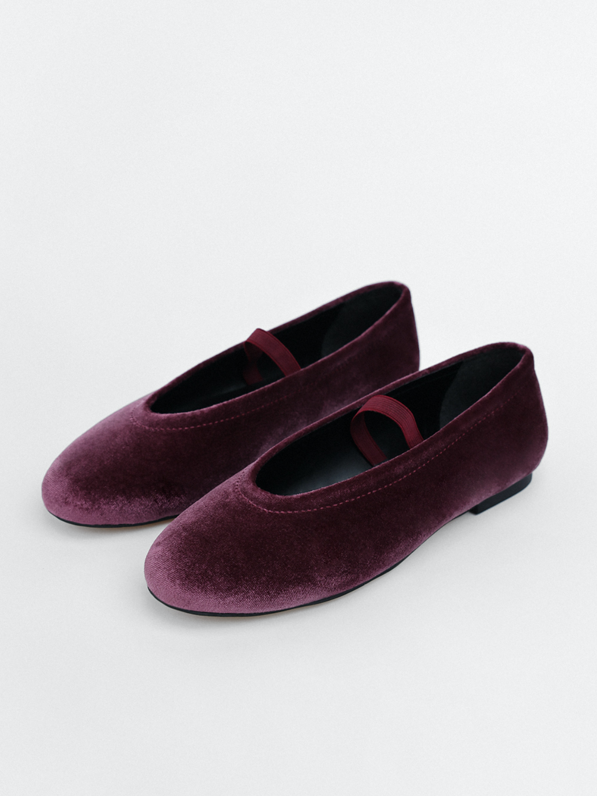 Light Burgundy Velvet Oval-Toe Ballet Flats Mary Janes With Elastic Strap