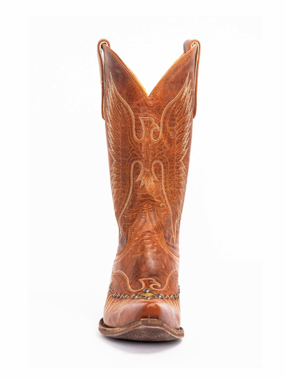 Distressed Brown Snip-Toe Studded Eagle Embroidery Wide Mid Calf Tall Cowgirl Boots