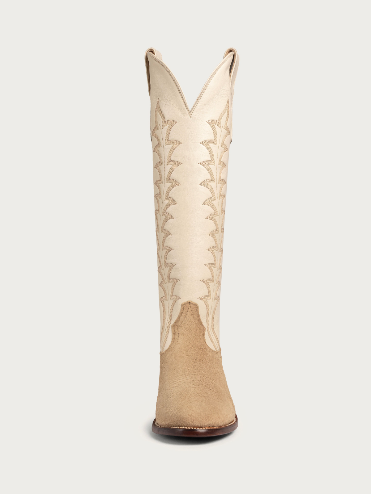 Contrast Tan Faux Suede And Bone Embroidery Almond-Toe Wide Mid Calf Tall Cowgirl Boots