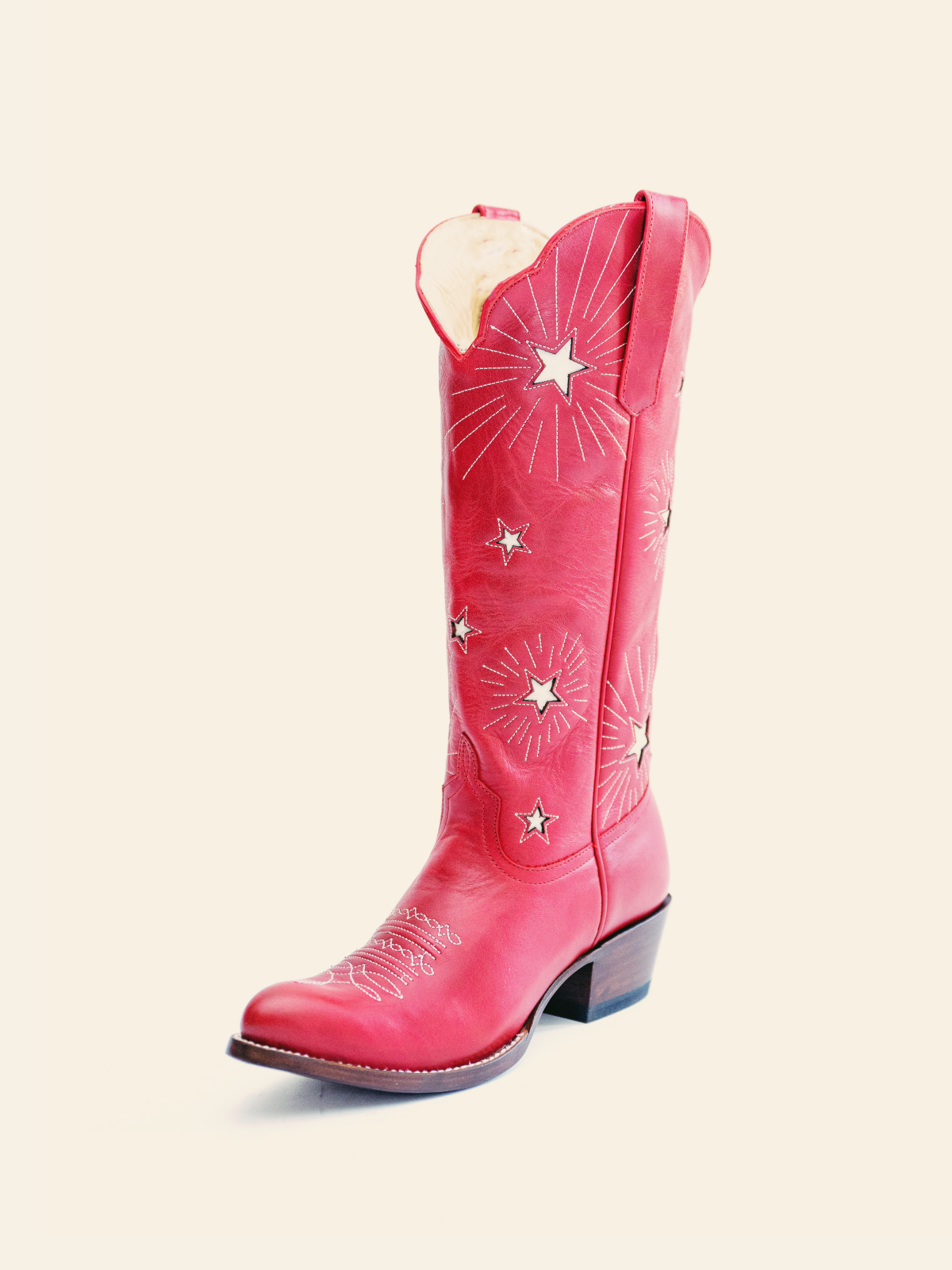 Red Burst Star Inlay Stitch Almond-Toe Wide Mid Calf Western Cowgirl Boots