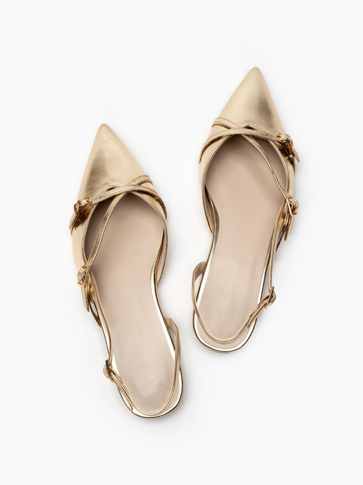 Metallic Gold Buckled Belt Detail Pointy Ballet Flats Slingbacks