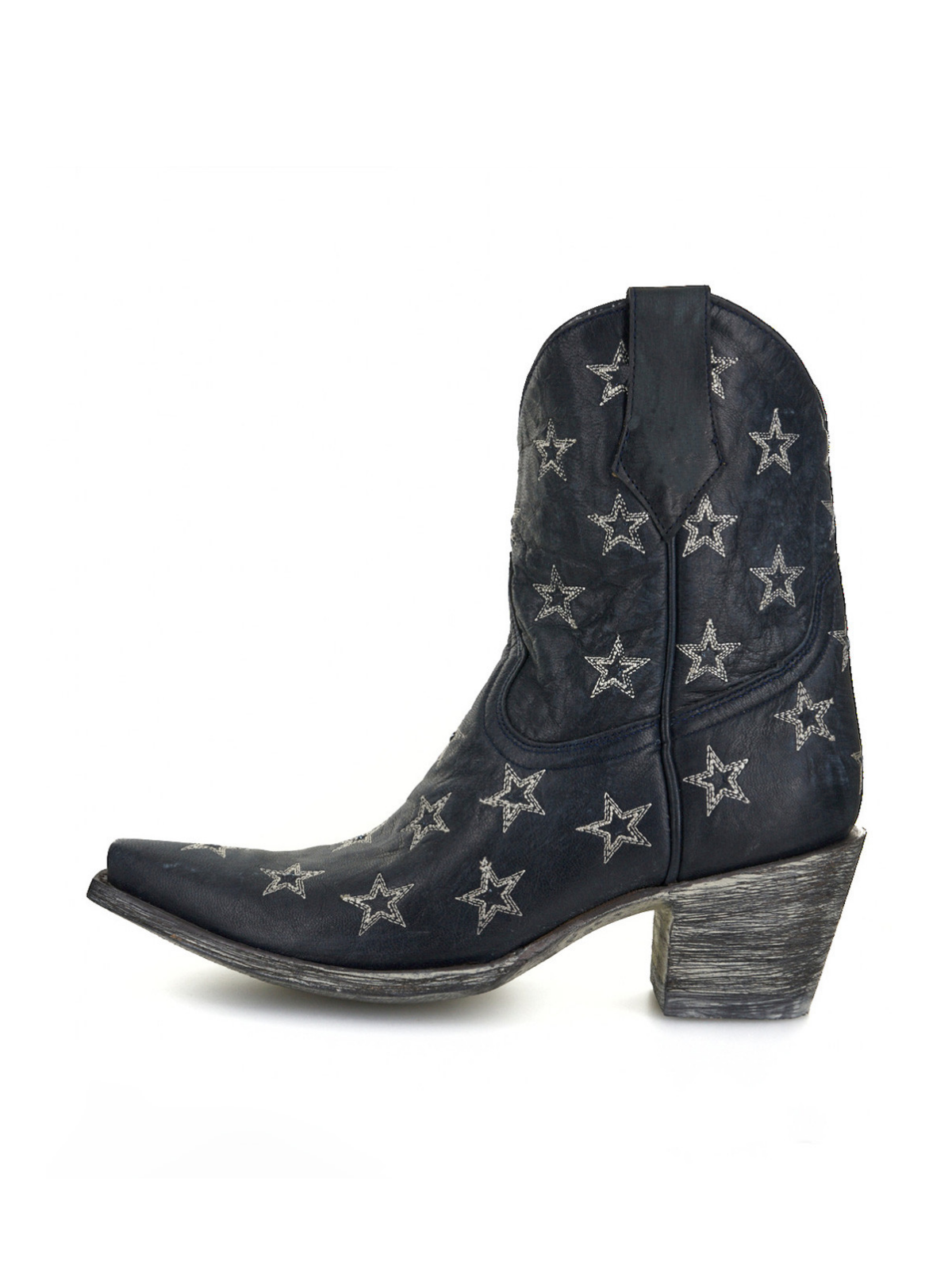 Navy Blue Snip-Toe Star Embroidery Wide Mid Calf Short Cowgirl Boots