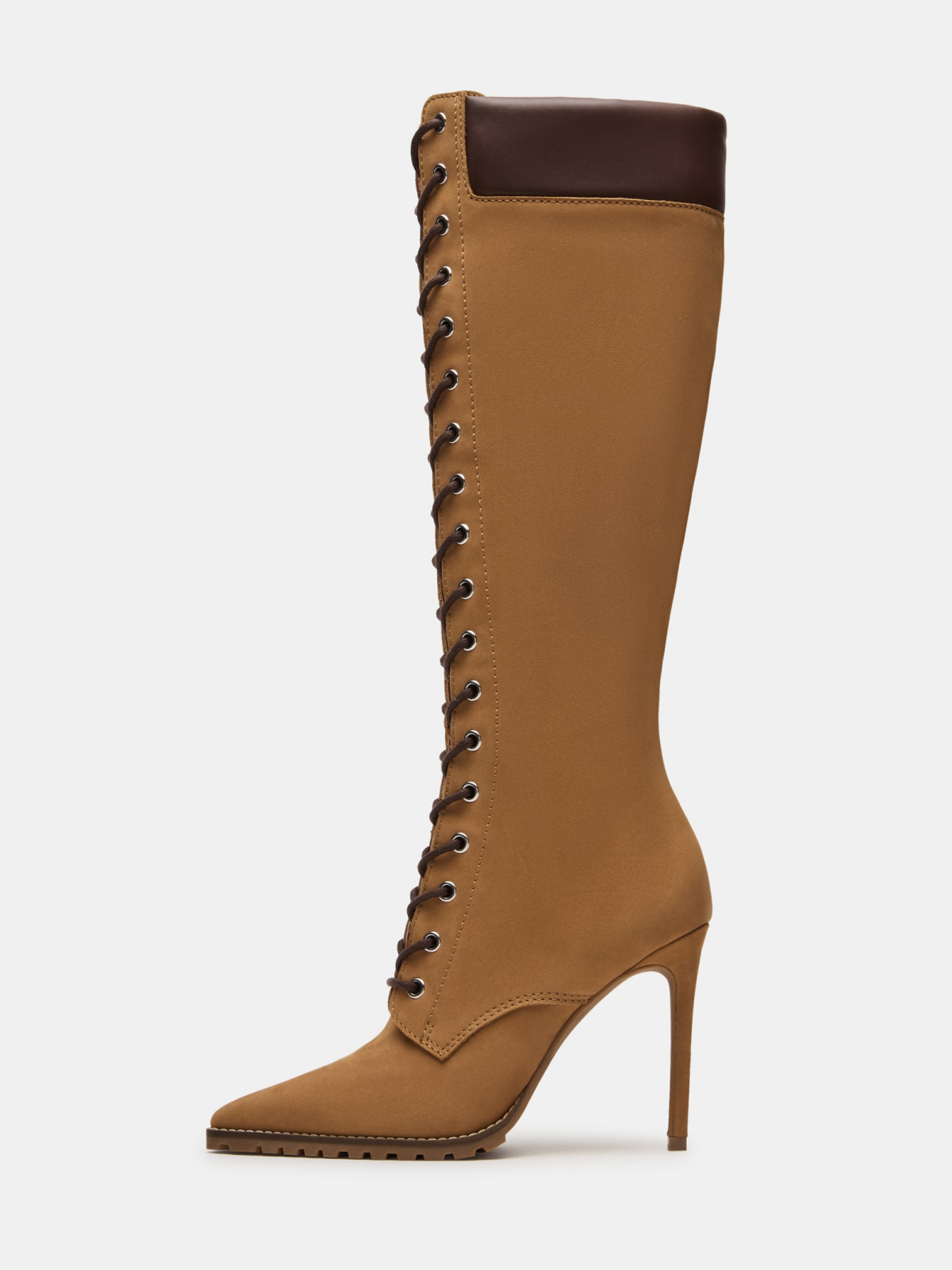 Brown Pointed-Toe Lace-Up Full-Zip Mid Calf Stiletto Boots