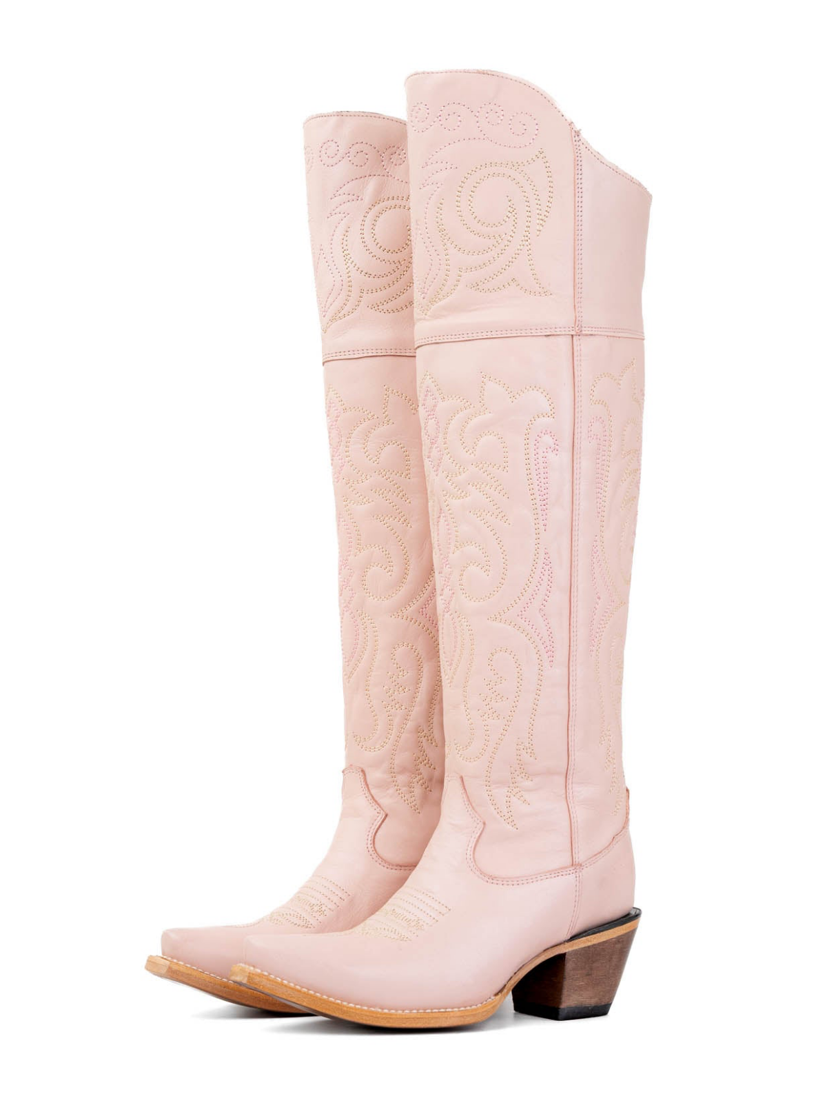 Light Pink Snip-Toe Half-Zip Embroidery Tall Knee High Cowgirl Boots