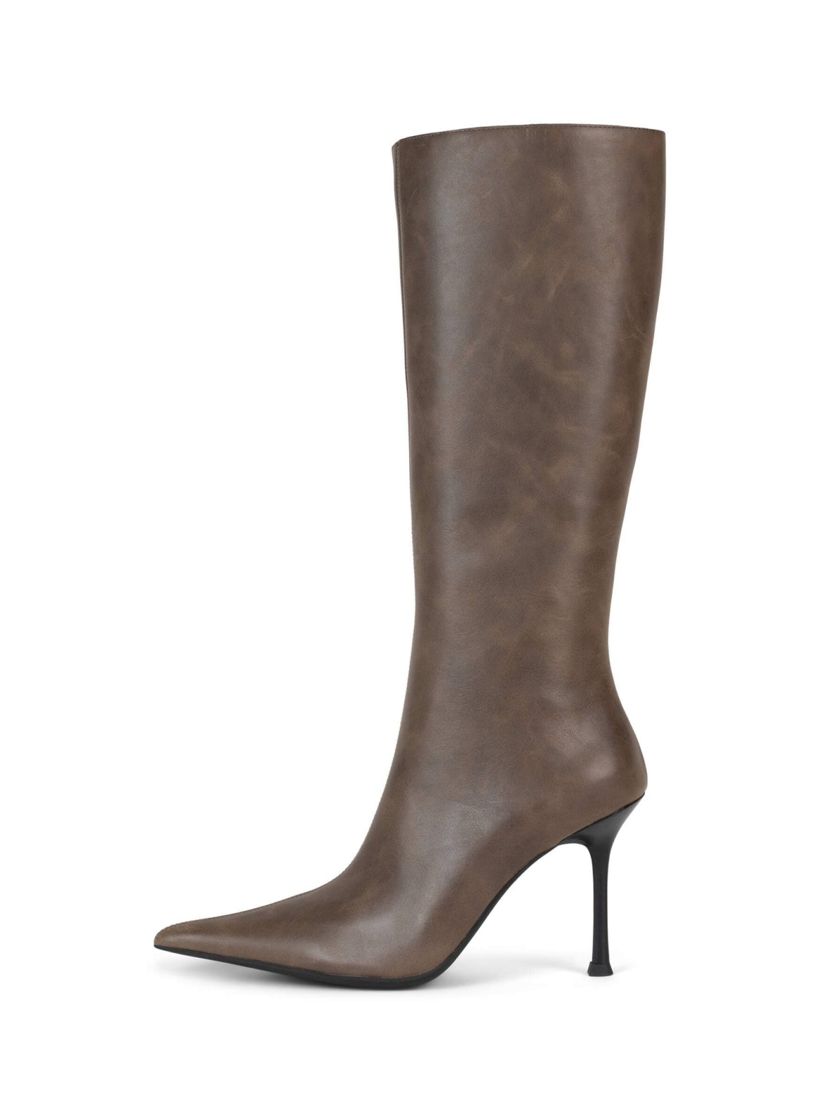 Distressed Taupe Pointed-Toe Full-Zip Mid Calf Stiletto Boots