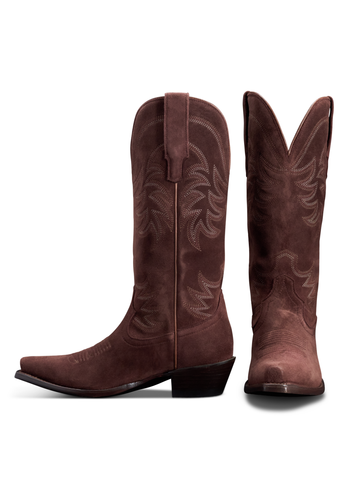 Coffee Faux Suede Snip-Toe Embroidery Wide Mid Calf Western Boots