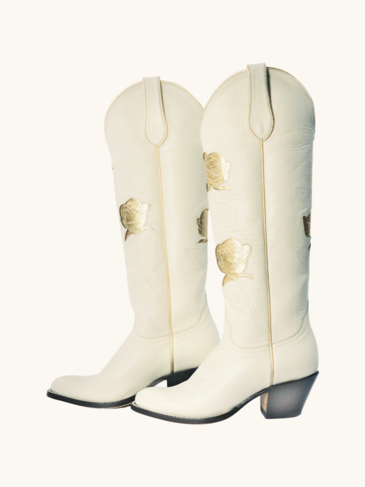 Cream Almond-Toe Cowgirl Wide Calf Boots Western Boots With Gold Rose Inlay