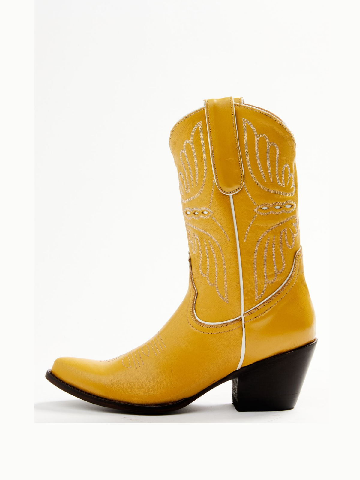 Yellow Butterfly Embroidery Inlay Pointed-Toe Wide Mid Calf Cowgirl Boots