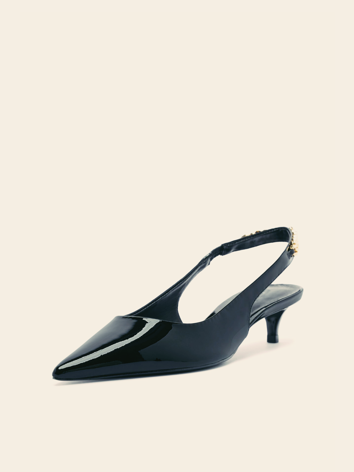 Black Patent Pointy Kitten Heels Slingback Pumps With Chain Back Strap