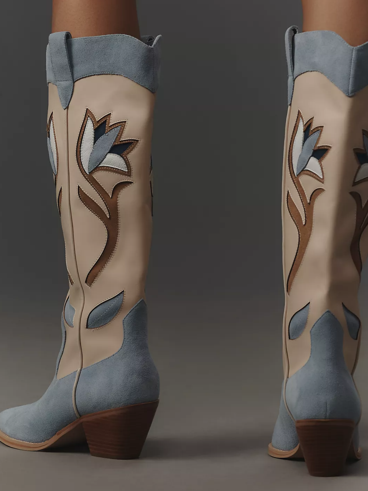 Contrast Bone And Blue Faux Suede Snip-Toe Flower Inlay Wide Mid Calf Cowgirl Boots