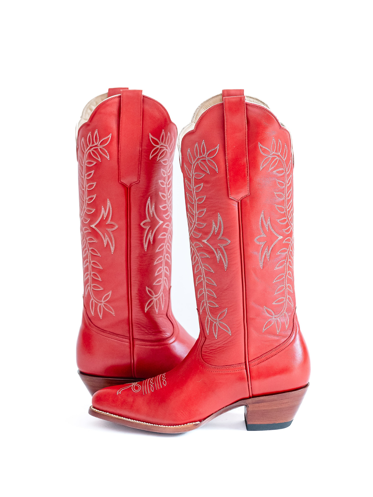 Leaves Embroidery Almond-Toe Wide Mid Calf Cowgirl Boots - Red