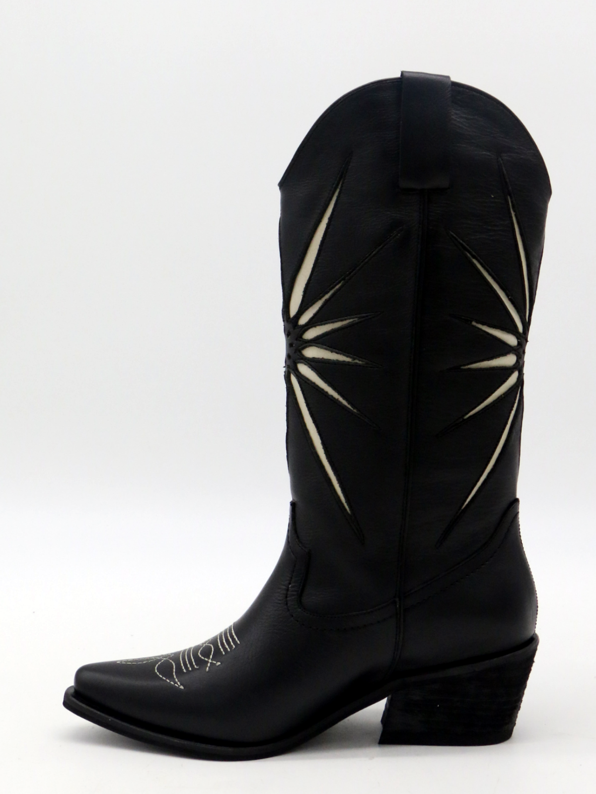 Black Snip-Toe Radial Inlay Wide Mid Calf Tall Cowgirl Boots