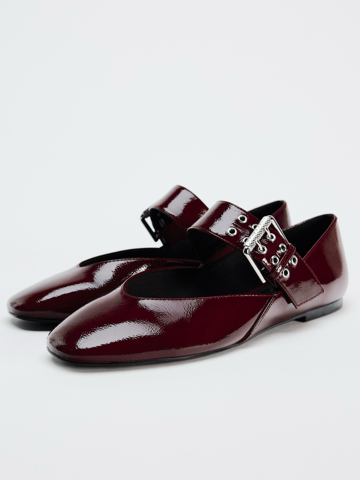 Patent Burgundy Square-Toe Wide Strap With Buckle Mary Janes Ballet Flats