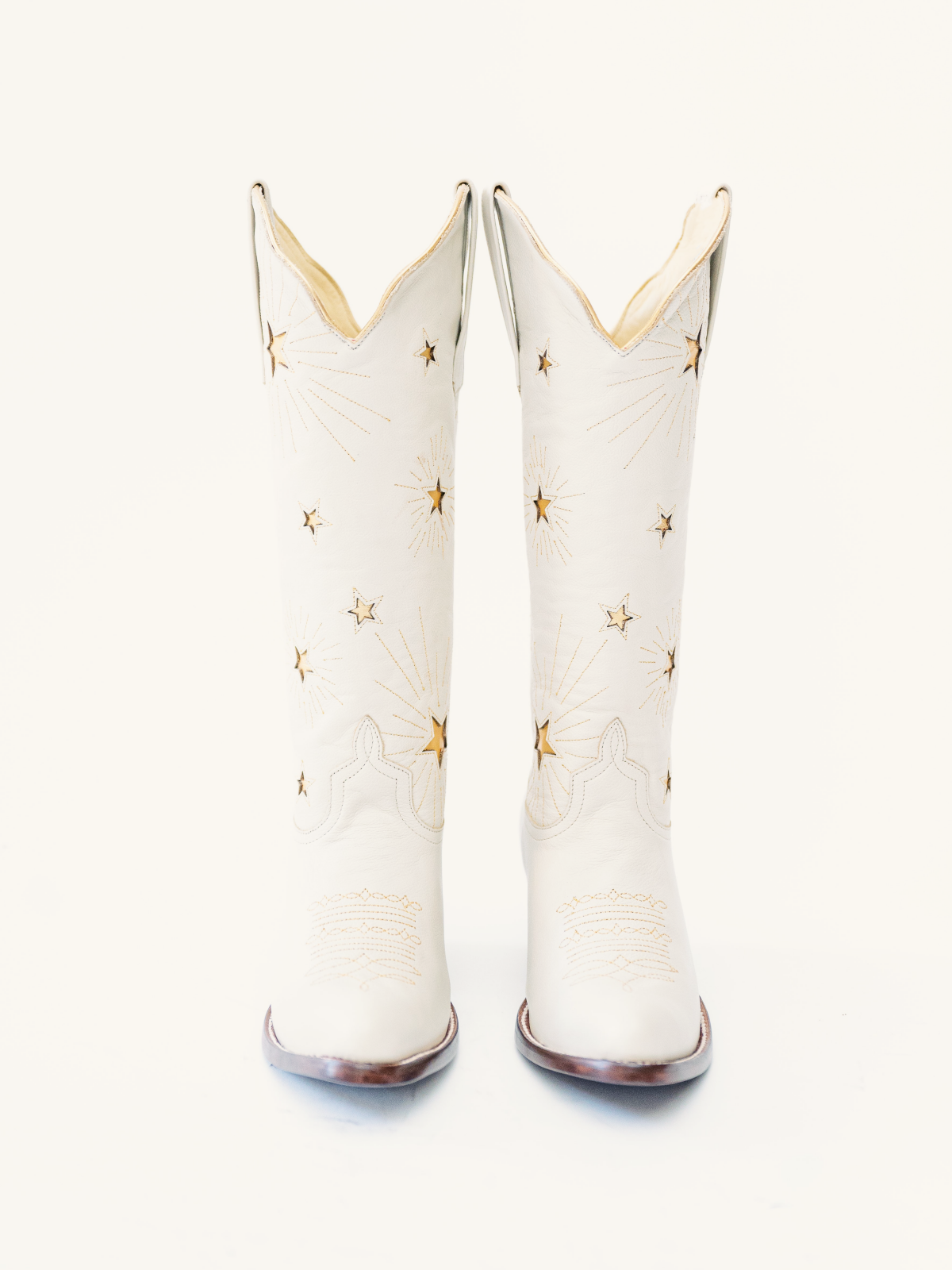 White Stitch Almond-Toe Wide Calf Western Cowgirl Boots With Metallic Gold Star Inlay