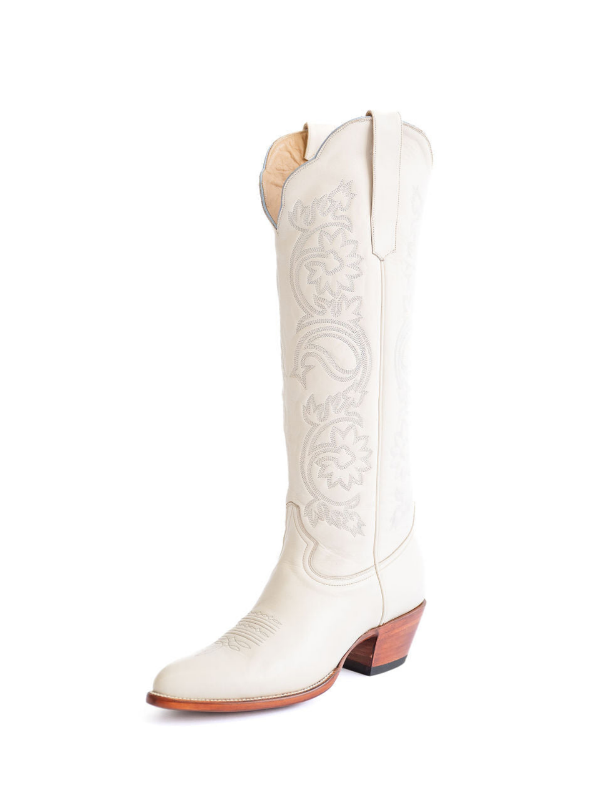 White Floral Embroidery Almond-Toe Wide Calf Cowgirl Boots Knee High Tall Boots