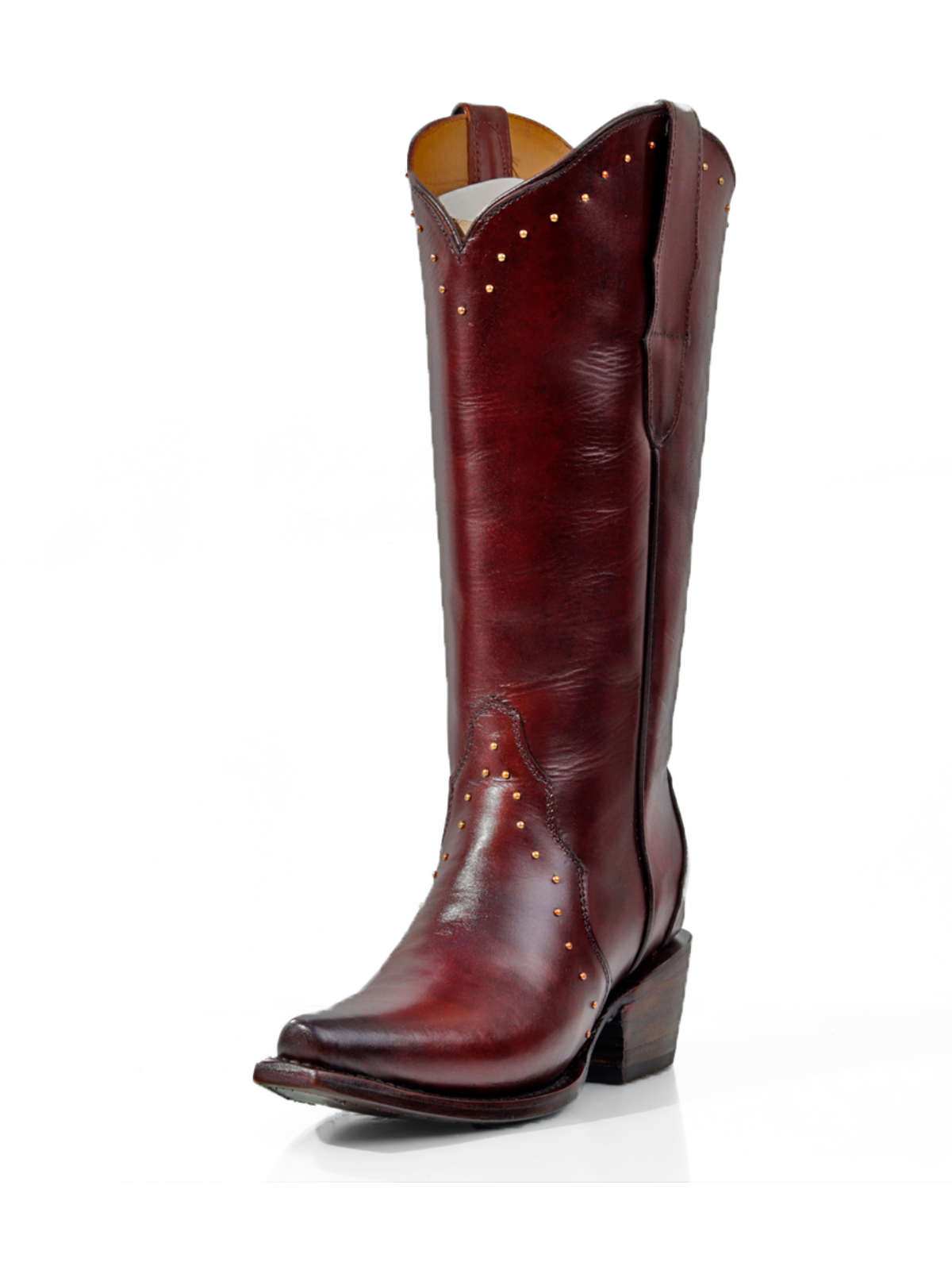 Wine Red Snip-Toe Gold Studded Wide Mid Calf Tall Cowgirl Boots