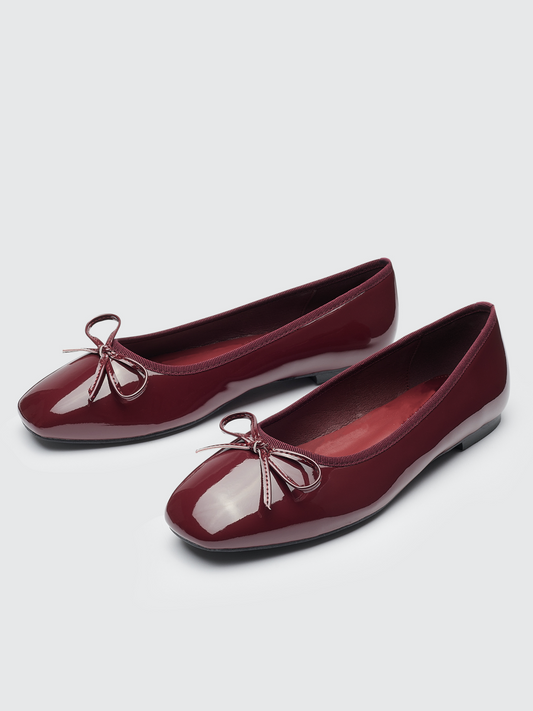 Wine Red Bow Ballet Flats With Square Toe In Patent Vegan Leather