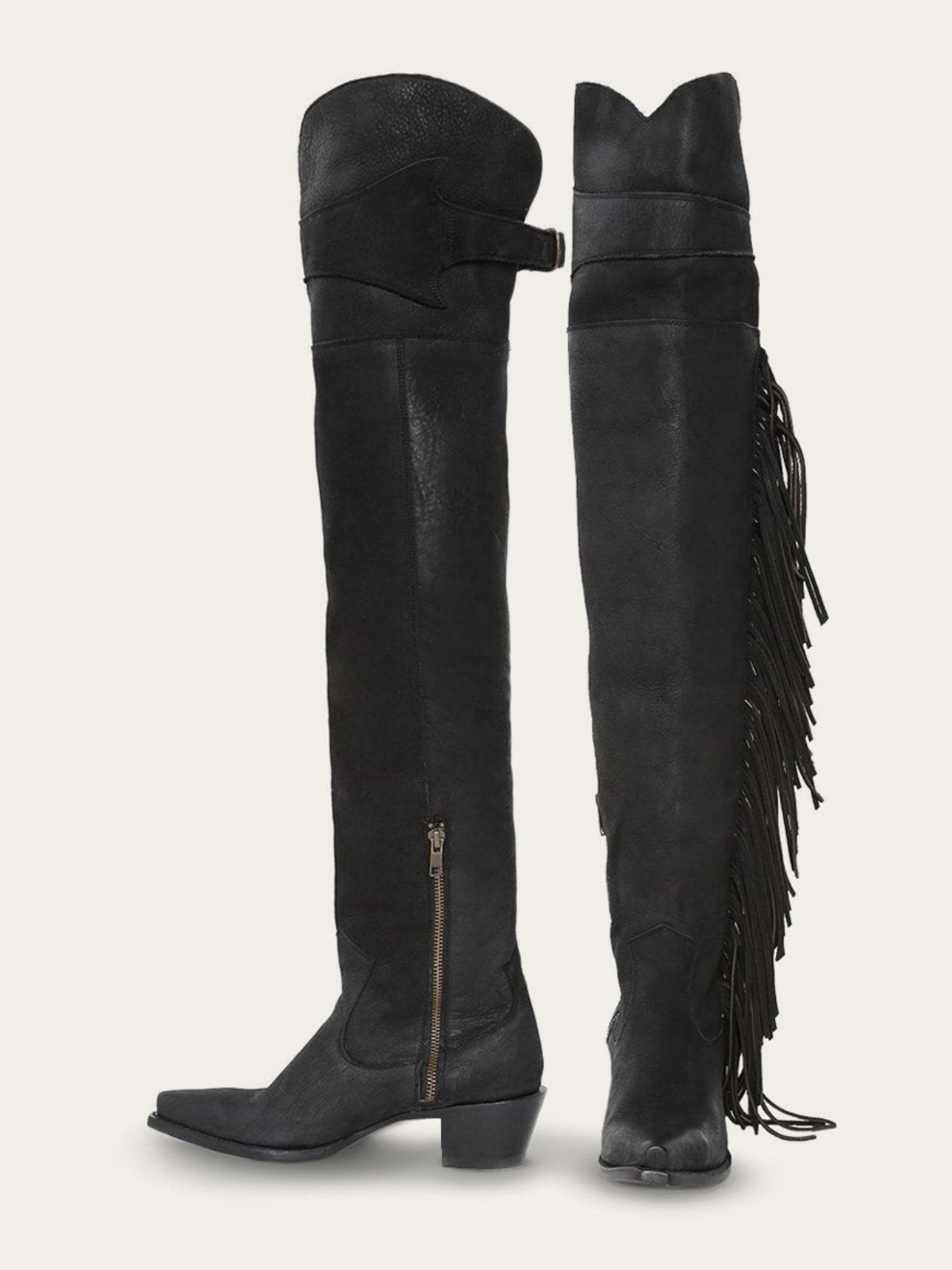 Black Snip-Toe Side Fringe Half-Zip Over-The-Knee Cowgirl Boots