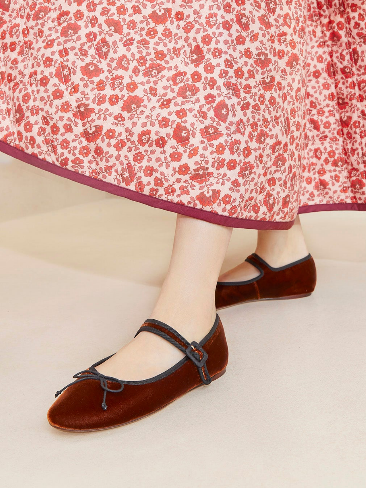 Sienna Velvet Almond-Toe Elastic Bridge Strap Bow Mary Janes Ballet Flats