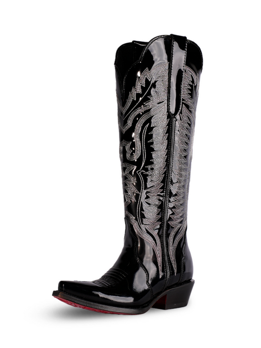 Black Patent Embroidery Snip-Toe Wide Mid Calf Tall Cowgirl Boots