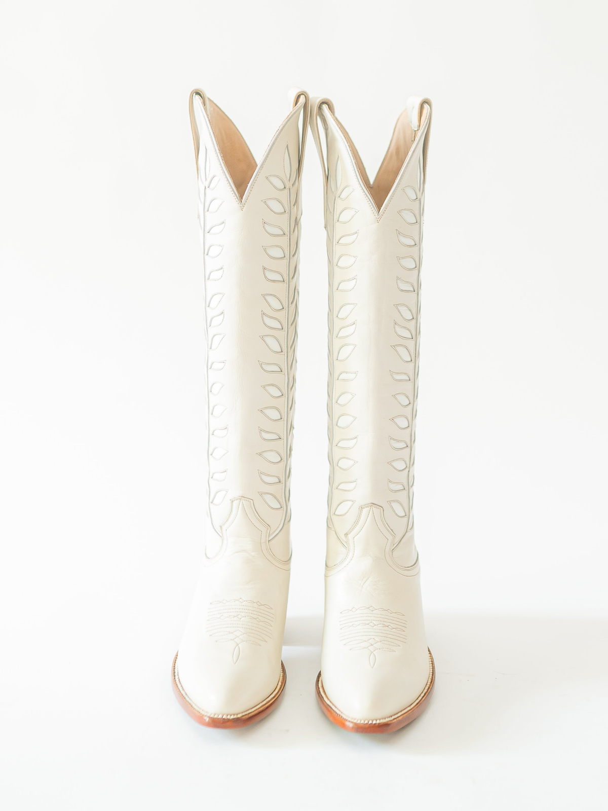 Almond-Toe Ivory Leaves Inlay Wide Calf Tall Knee High Cowgirl Boots - Cream