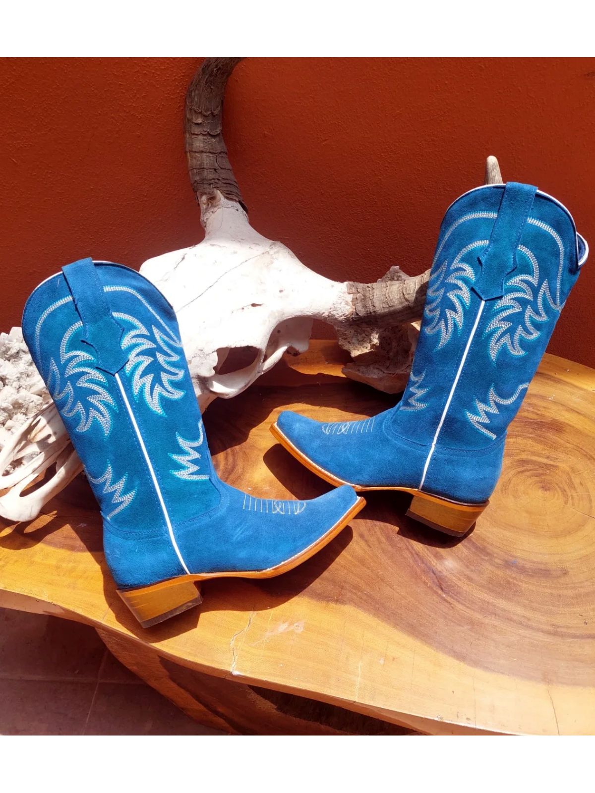 Blue Faux Suede Snip-Toe Classic Embroidery Tall Wide Mid Calf Cowgirl Boots