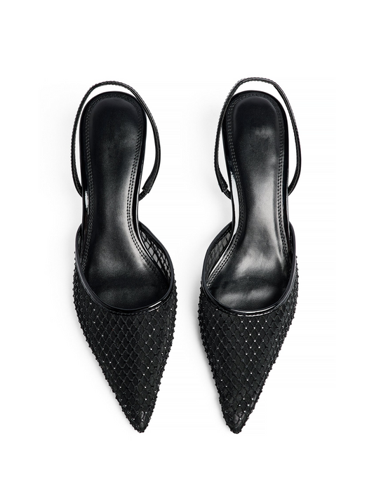 Black Rhinestone Mesh Pointed-Toe Slingback Pump Kitten Heels