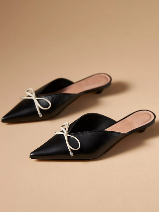 Black Pointed-Toe Slip-On Kitten Heels With Bow