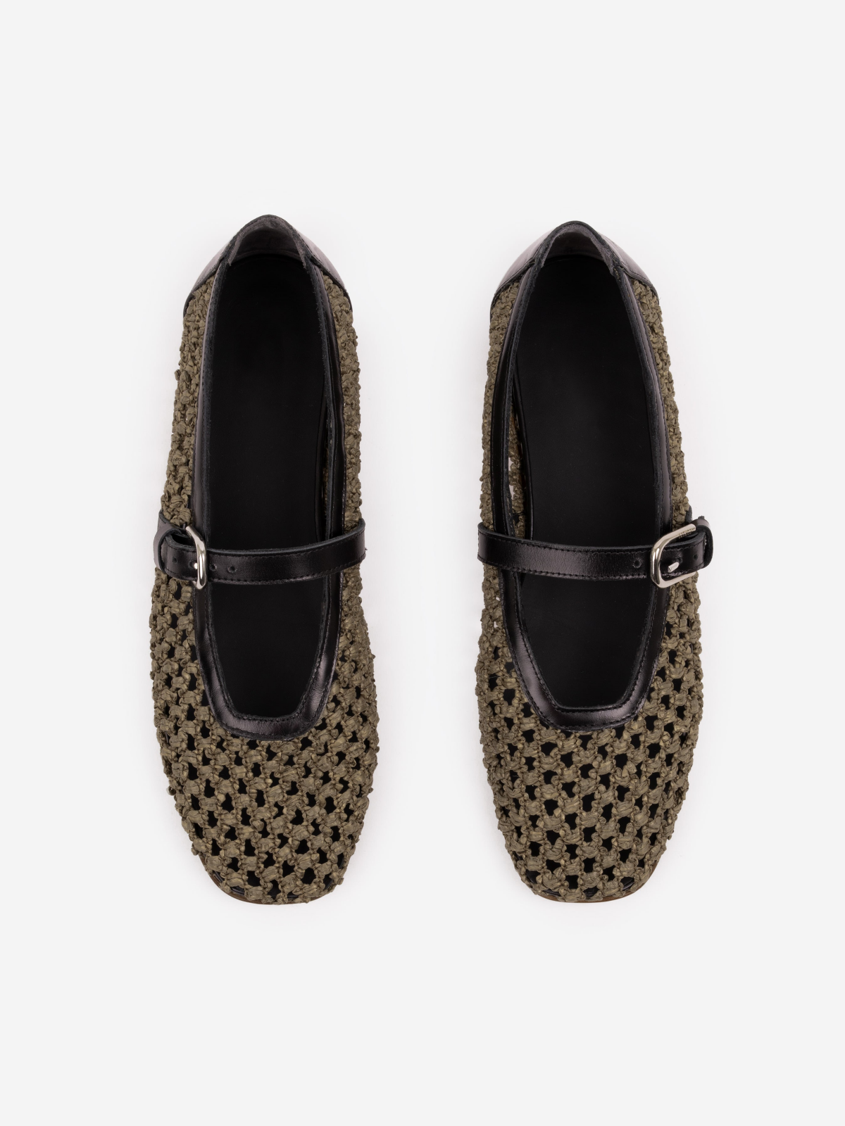 Olive Drab Woven Square Toe Ballet Flats Mary Janes With Buckled Strap