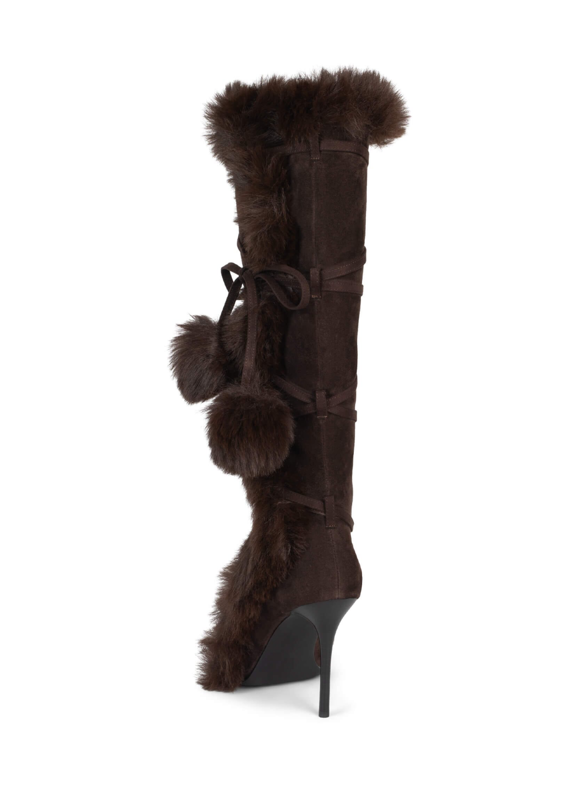 Brown Faux Suede Pointed-Toe Full-Zip Mid Calf Stiletto Boots With Wrap-Around And Plush