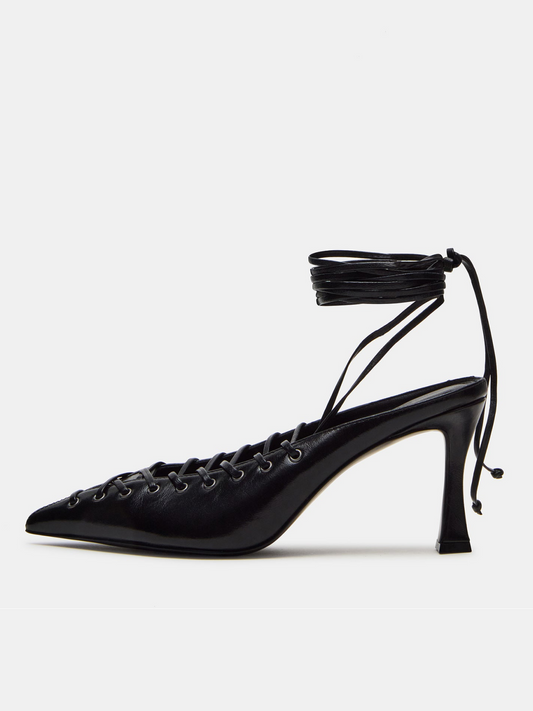 Black Pointed-Toe Lace-Up And Strappy Slingback Pump High Heels