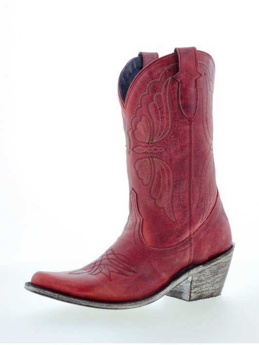 Butterfly Embroidery Almond-Toe Wide Mid Calf Cowgirl Boots - Red