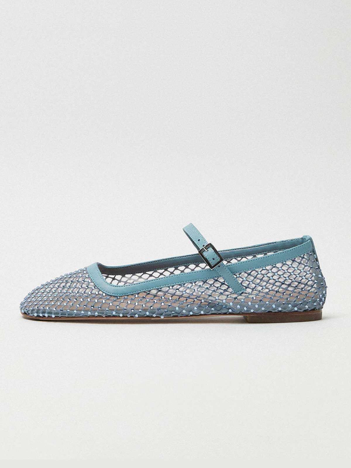 Light Blue Sparkle Rhinestone Ballerinas Semi-Transparent Mesh Strass Flats Mary Janes