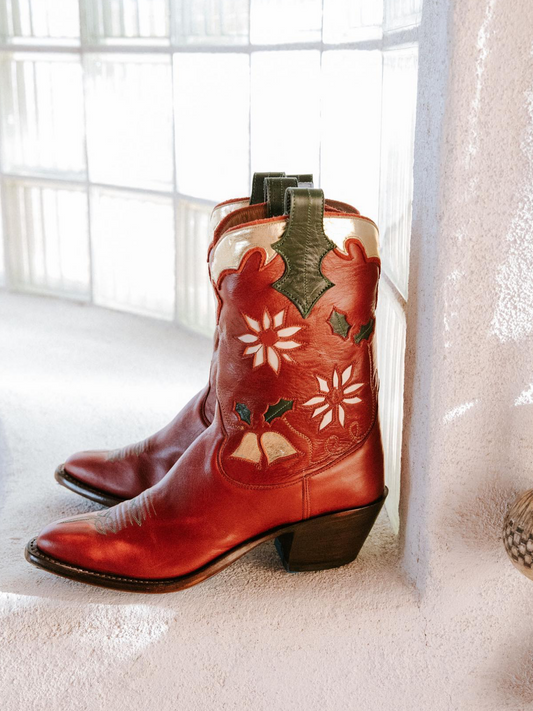 Red Almond-Toe Metallic Collar Inaly Wide Mid Calf Cowgirl Boots