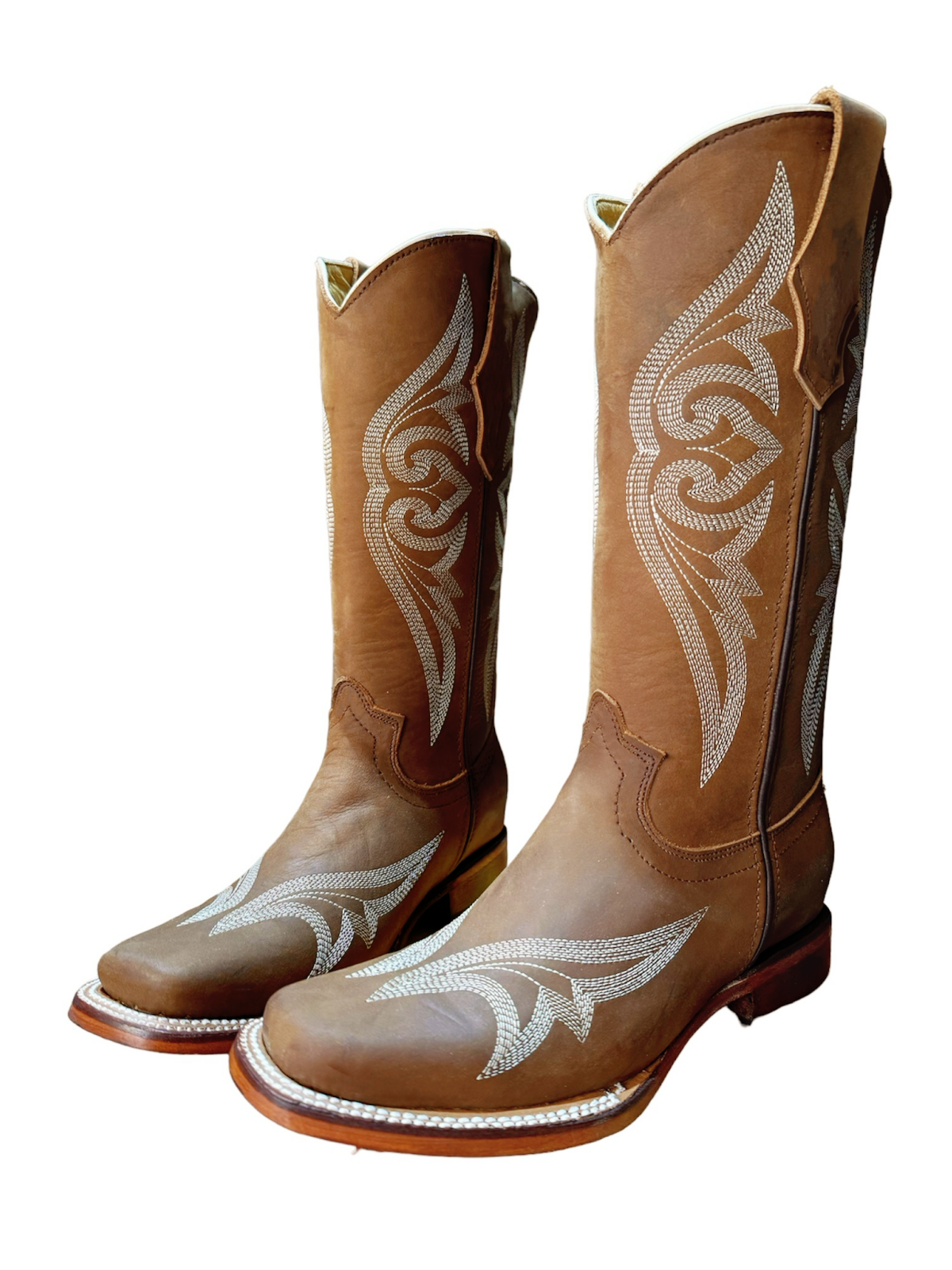 Tan Square-Toe Embroidery Wide Mid Calf Cowgirl Boots