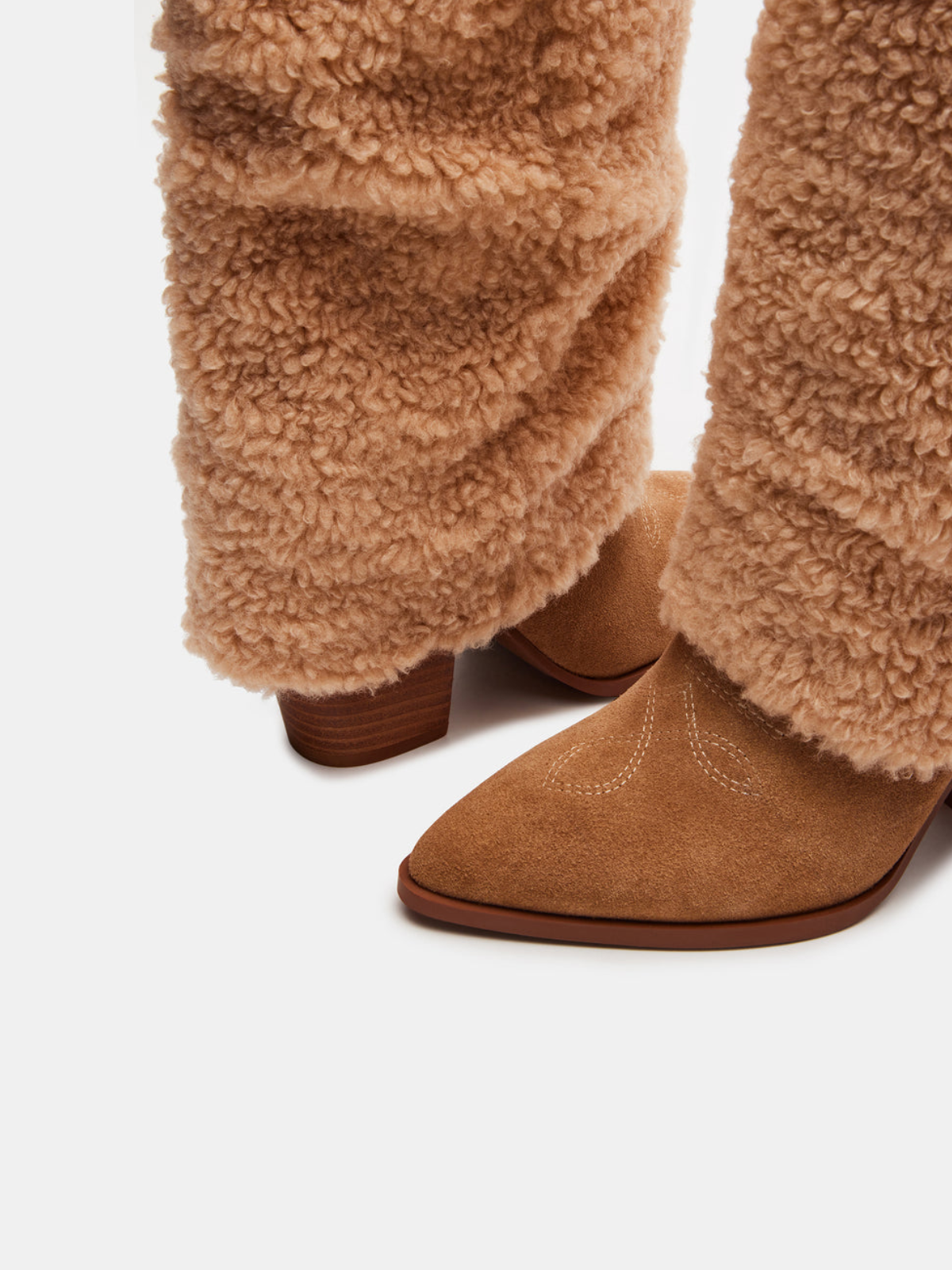 Tan Contrast Faux Suede And Fluffy Fold-Over Wide Mid Calf Tall Cowgirl Boots